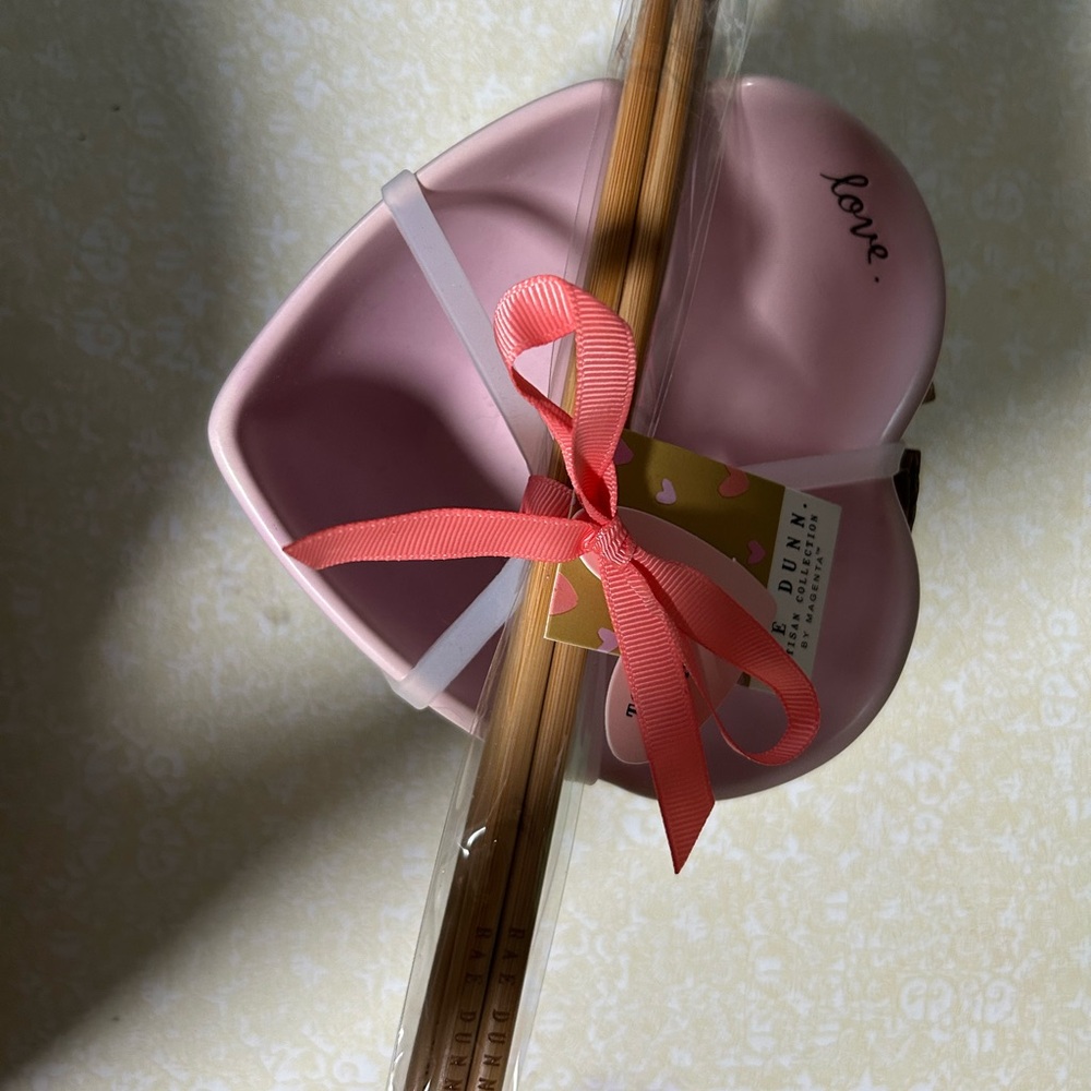 Rae Dunn Magenta Pink Heart Bowl with Chopsticks